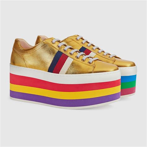 gucci metallic leather platform sneaker 9.5 us metallic gold|GUCCI Leather and metallic embroidered canvas platform .